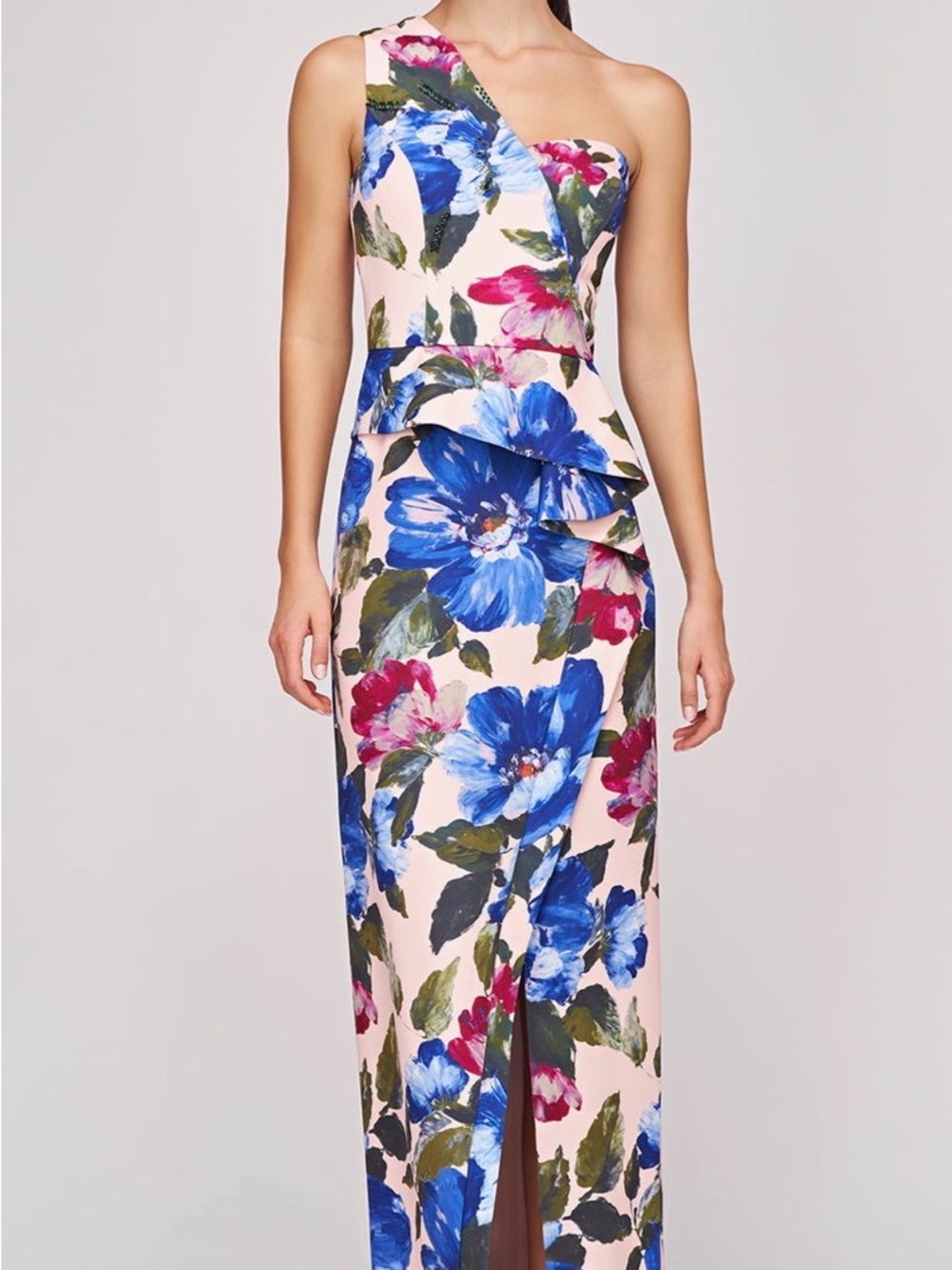 Kay Unger One-Shoulder Pink Dress with Blue Floral Print - Picture 8 of 14